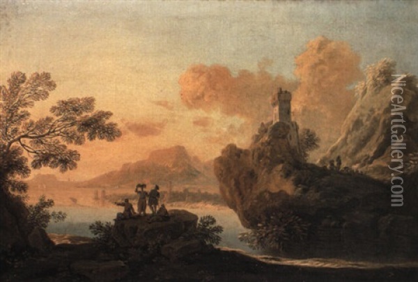 Paesaggio Costiero Con Quattro Figure Su Uno Scoglio E Torre Oil Painting - Alessio De Marchis