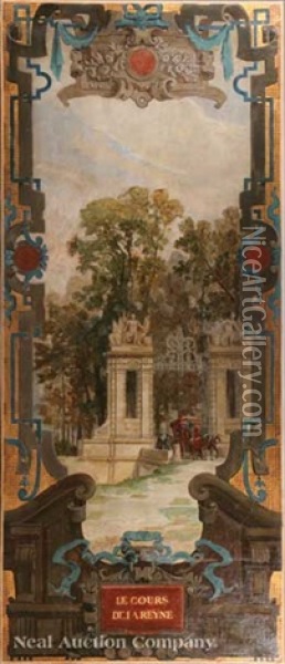 Le Cours De La Reyne (a Royal Carriage On An Avenue) And L'eglise De St. Pierre (a Hilltop Church Above A Town) (2 Works) Oil Painting - Gustave Villebesseyx