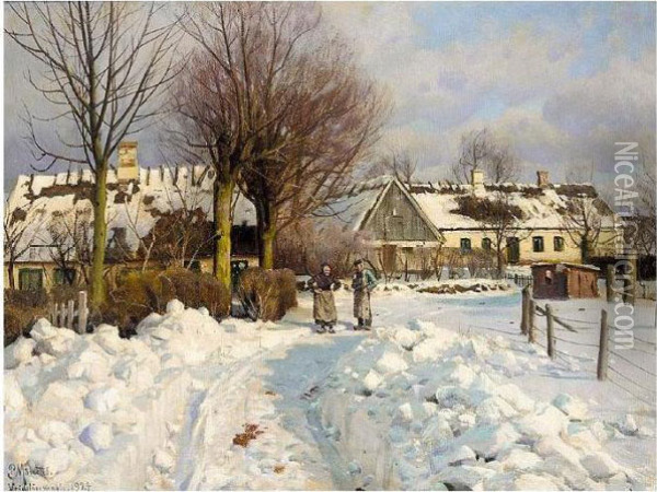A Winter Landscape Oil Painting - Peder Mork Monsted