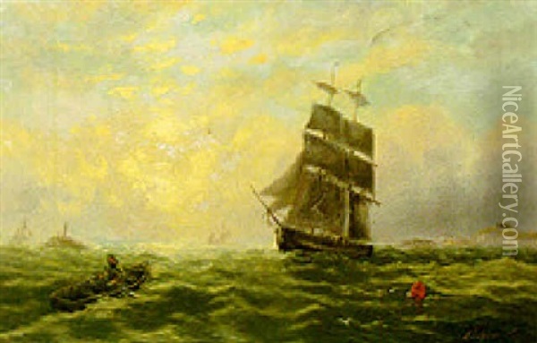 A Barque And Other Craft Off The Coast Oil Painting - William Adolphus Knell