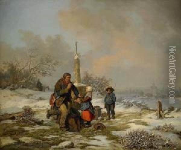 Vinterlandskap Med Vandringsman Och Barn Vid Vagaltare Oil Painting - Per Wickenberg