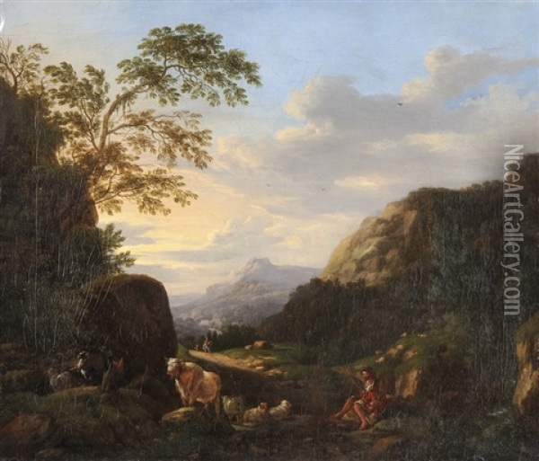 Sudliche Landschaft Mit Hirt Und Herde Oil Painting - Johann Heinrich Roos