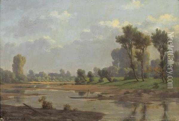 Sommerliche Flussuferpartie. Oil Painting - Rene Jouhan