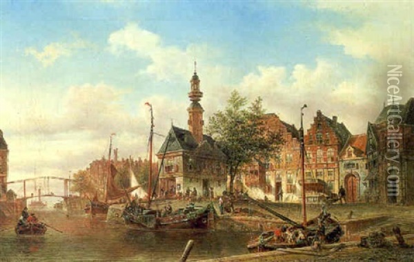 Stadt Und Wasseransicht Von Kampen, Holland Oil Painting - Elias Pieter van Bommel