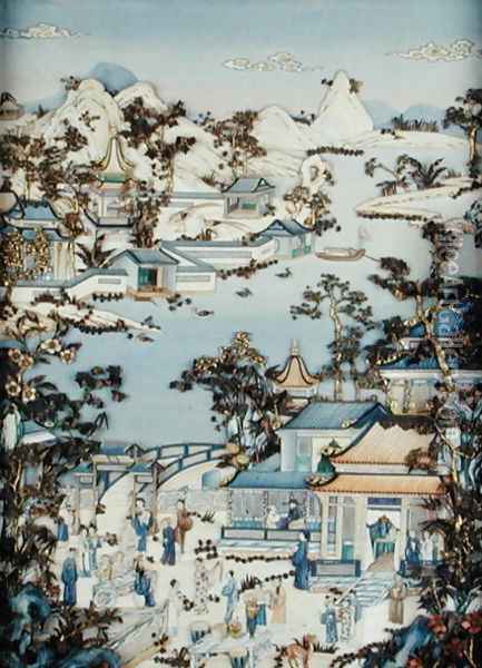 Panels depicting figures on a terrace, Qianlong period, 1736-95 Oil Painting - Anonymous Artist