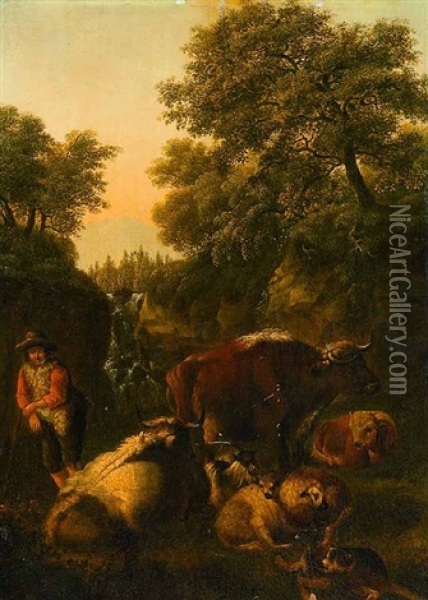 Hirte Mit Rindern Und Schafen Oil Painting - Johann Heinrich Roos