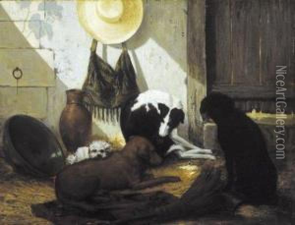 Scene Avec Quatre Chiens Oil Painting - Joseph Edouard Stevens