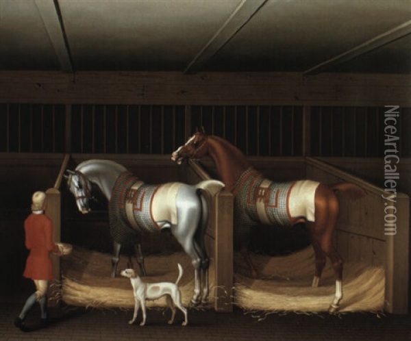 Mr. Ambrose Phillip's Two Racehorses In A Stable With Groom Oil Painting - James Seymour