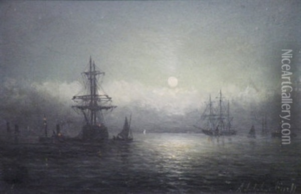 Moored Sailing Ships By Moonlight Oil Painting - William Adolphus Knell
