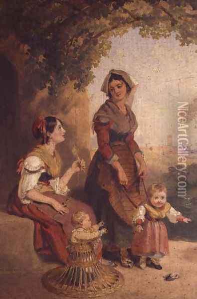 Two Roman ladies and their children Oil Painting - Penry Williams