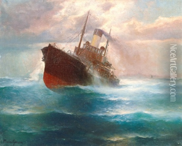 Ship In Turbulent Sea Oil Painting - Franz Mueller-Gossen