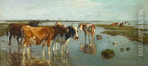 Cows In Shallow Water, Saltholm Oil Painting - Theodor Philipsen
