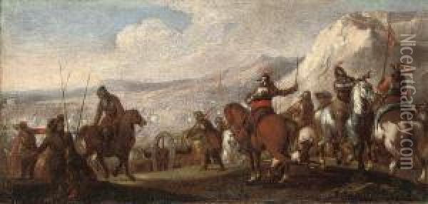 A Battlefield With Cavalrymen Giving Orders Oil Painting - Guglielmo Cortese Il Borgognone