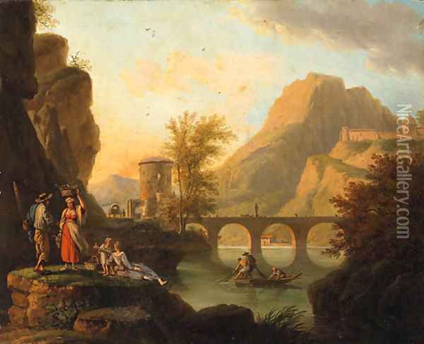 A mountainoius River Landscape with Fisherfolk conversing on a Bank, a Bridge beyond Oil Painting - Jacob Philipp Hackert
