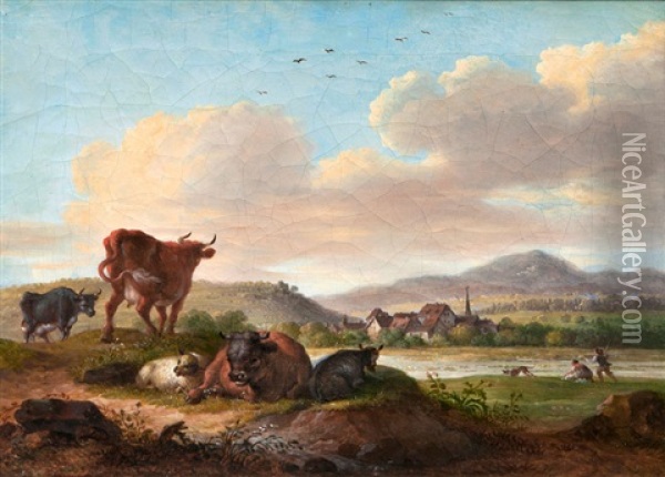 Paar Gegenstucke: Ruhendes Vieh Am Ufer Oil Painting - Maximilian Neustueck