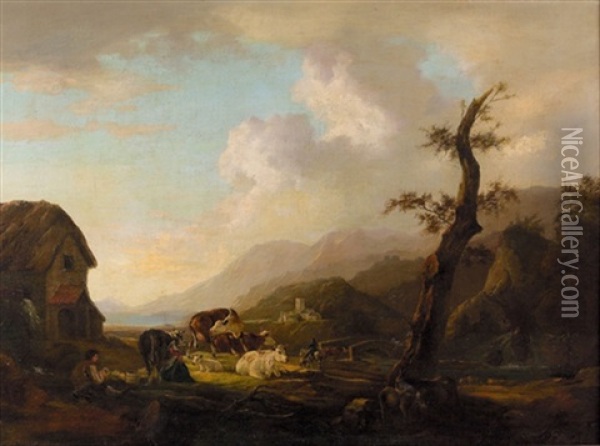 Idyllische Landschaft Mit Staffage Oil Painting - Philip James de Loutherbourg