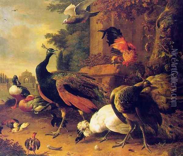 Birds in a Park Oil Painting - Melchior de Hondecoeter