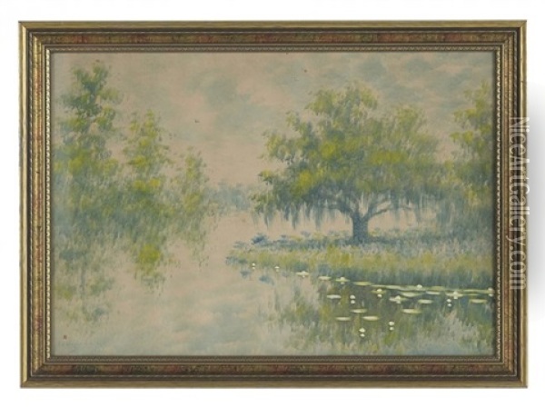 Cypress By A Pond With Lily Pads Oil Painting - Alexander John Drysdale