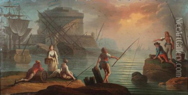 Pecheurs Dans Un Port Mediterraneene Oil Painting - Charles Francois Lacroix de Marseille