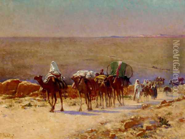 The Caravan In The Desert Oil Painting - Alexis Auguste Delahogue