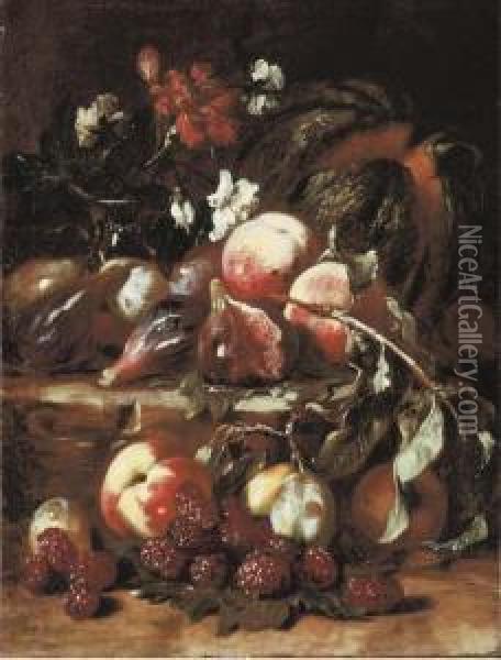 A Melon, Peaches, Figs, Mulberries, Plums And Carnations Oil Painting - The Metropolitan Master