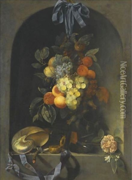 A Still Life With Peaches, Pomegranate, Grapes, And Plums Oil Painting - Joris Van Son