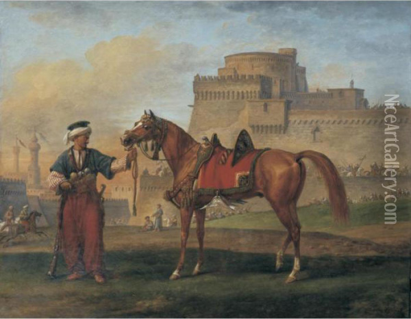 A Mameluk Leading His Horse With A Citadel In The Background Oil Painting - Carle Vernet