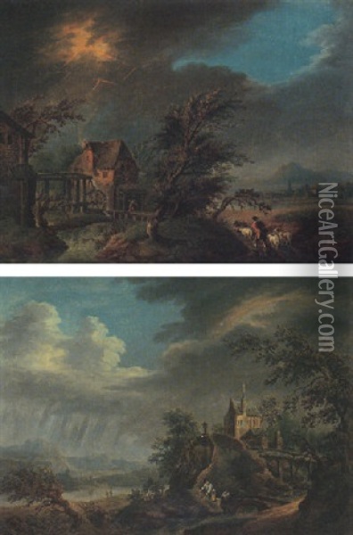 A Landscape With A Watermill Struck By Lightning Oil Painting - Christian Georg Schuetz the Younger