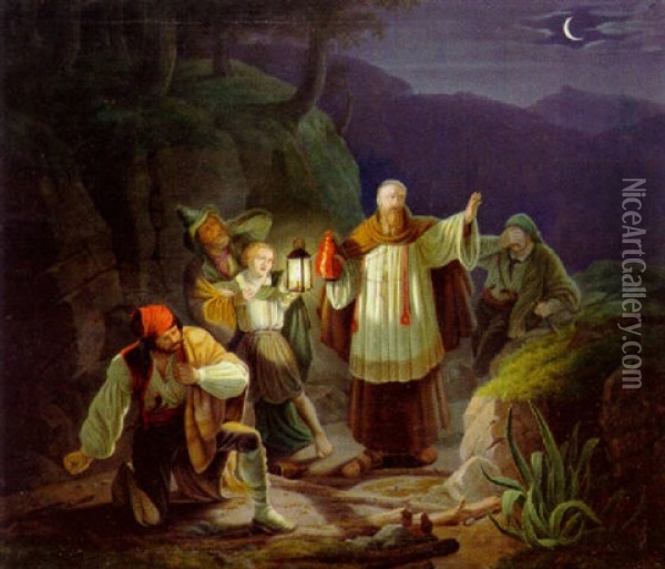 Nachtliche Szene In Den Alpen Oil Painting - Johann Baptist Pfretzschner