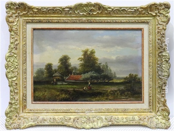 Landschap Met Visser Aan De Sloot Oil Painting - Hermanus Jan Hendrik Rijkelijkhuysen