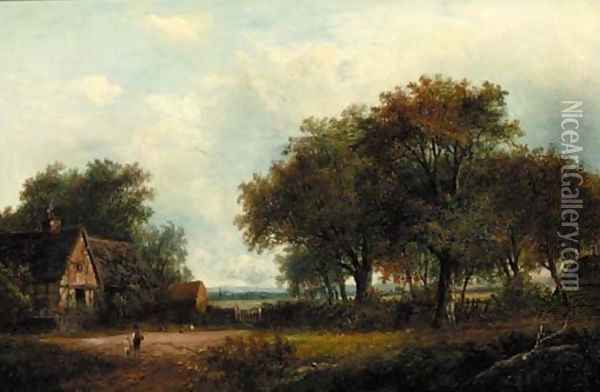 Figures by a cottage in a wooded landscape Oil Painting - Joseph Thors