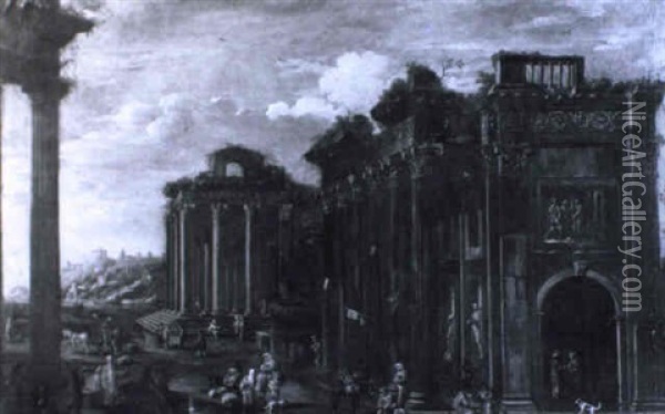 Antike Romische Ruinen, Davor Zahlreiche Staffagefiguren Oil Painting - Giovanni Paolo Panini