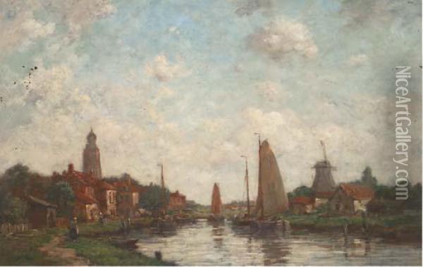 Barges On A River At A Dutch Settlement Oil Painting - Jacob Henricus Maris