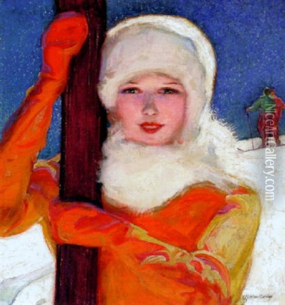 Beautiful Woman Skier Pauses On The Slopes Oil Painting - Mcclelland Barclay