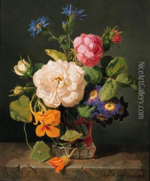 Damask Roses, Bourbon Roses, 
Michaelmas Daisies, Nasturtiums Andpolyanthus Primulas In A Vase Oil Painting - Josef Lauer