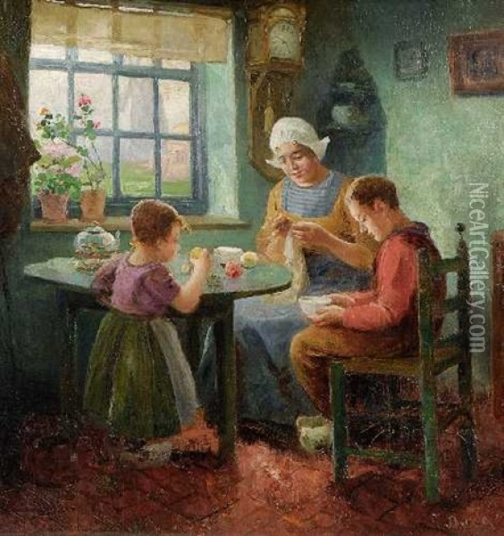 Junge Mutter Mit Zwei Kindern Am Tisch Oil Painting - Carl Duxa