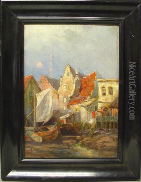 Hauser Und Ein Boot Am Ufer Oil Painting - Christian Baumgartner