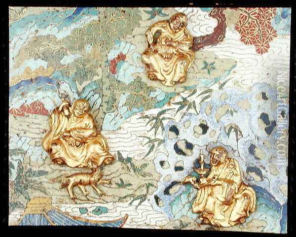 Detail from a pair of plaques depicting buddhist figures in a landscape, Qianlong period, 1736-95 Oil Painting - Anonymous Artist