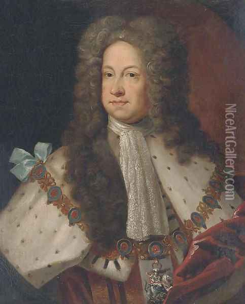 Portrait of King George I (1660-1727), half-length, in garter robes, in a feigned oval Oil Painting - Sir Godfrey Kneller