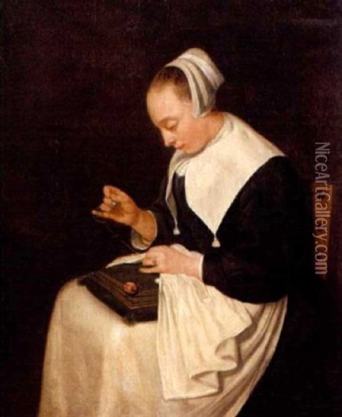 A Young Woman Sewing Oil Painting - Olivier van Deuren