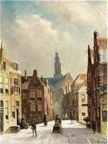 A Snowy Street In A Dutch Town Oil Painting - Pieter Gerard Vertin