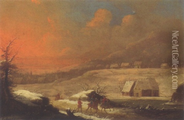 Winterlandschaft Mit Reitern Bei Sonnenuntergang Oil Painting - Peter Von Bemmel
