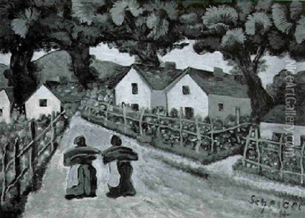 Two Women On A Village Path Oil Painting - Hugo Scheiber