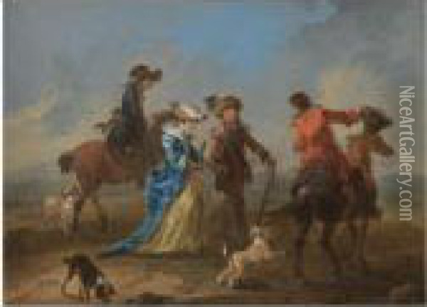 A Landscape With A Gentleman And A Lady Conversing With Two Men On Horseback Oil Painting - August Querfurt