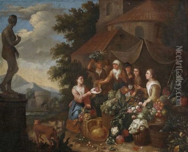 Verkauf Von Gemuse Und Blumen An Einem Italienischen Marktstand Oil Painting - Norbert van (Cefalus) Bloemen