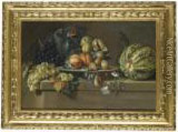 A Still Life With Figs, Grapes, Peaches, Plums And A Watermelon On A Ledge Oil Painting - Maximillian Pfeiler