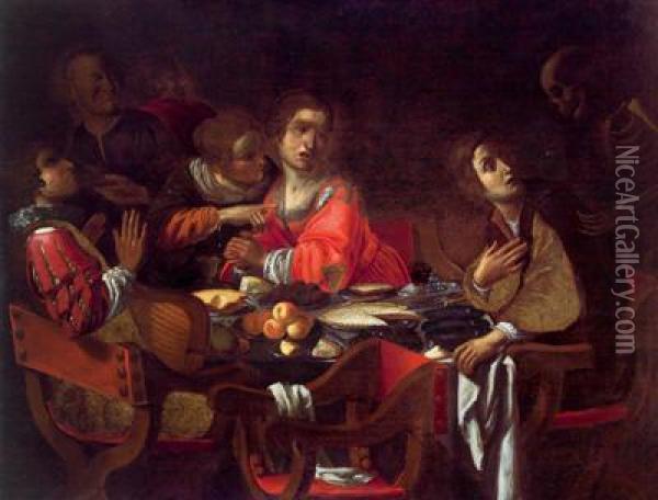 La Morte Sorprende Una Donna Durante Un Banchetto Oil Painting - Domenico Carpinoni