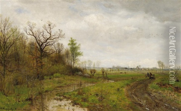 Landschaft Mit Pferdefuhrwerk Und Bach Oil Painting - Karl Buchholz