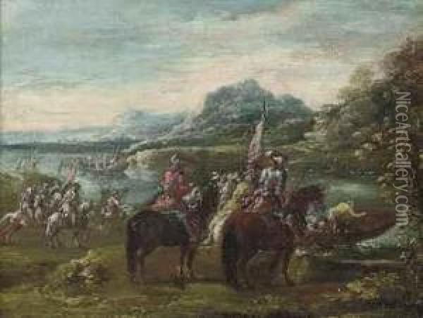 A River Landscape With Cavalry Officers On A Bank Oil Painting - Ciccio Graziani