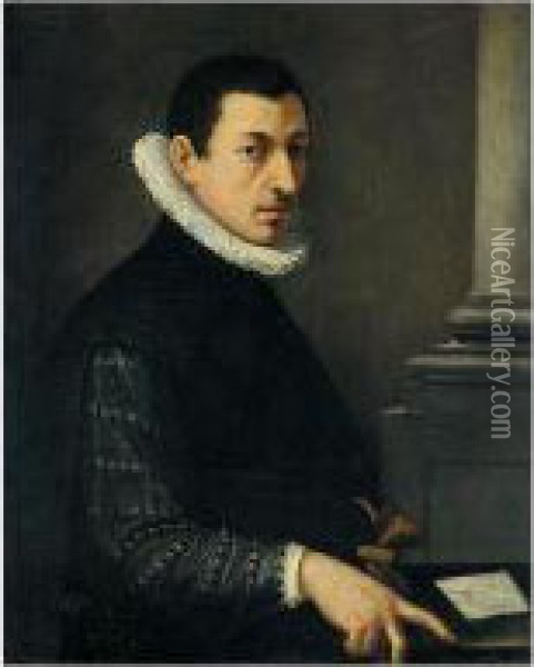 Portrait Of A Gentleman, Half 
Length, Wearing A Black Embroidered Jacket And A White Ruff Holding A 
Pair Of Gloves Oil Painting - Alessandro Allori